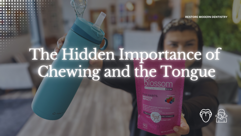 Smiling team member at Restore Modern Dentistry holding a REMplenish MYO-Nozzle water bottle and Blossom Myofunctional Chewing Gum to promote healthy tongue function, chewing habits, and airway-focused oral development.