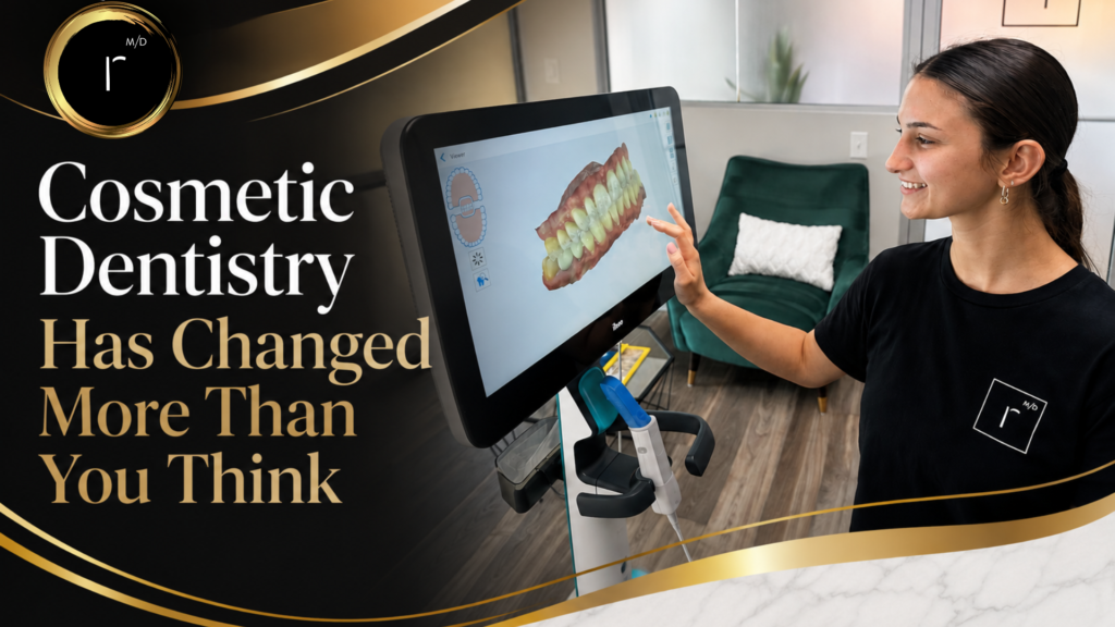 Team member at Restore Modern Dentistry reviewing a 3D digital smile scan on an iTero scanner during a cosmetic dentistry consultation in Bentonville, Arkansas. The modern black and gold blog header highlights advanced cosmetic dental treatments including veneers, teeth whitening, clear aligners, and smile makeovers.